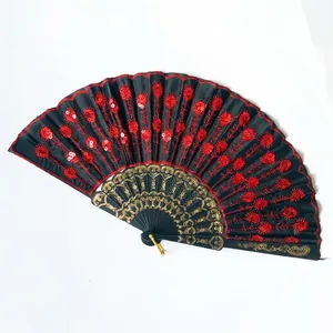 Detail view of red sequins and floral embroidery on a black Spanish folding fan.