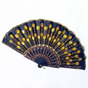 Detail view of blue folding fan with golden sequin peacock feather embroidery