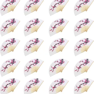 Chinese Vintage Silk Folding Fan Ink Plum Blossom Rose Pattern Bamboo Ribs Handheld Fan for Wedding Party Women Gift