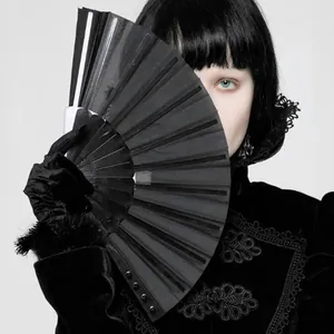 Ventaglio pieghevole nero stile gotico con stecche in plastica e tessuto per cosplay