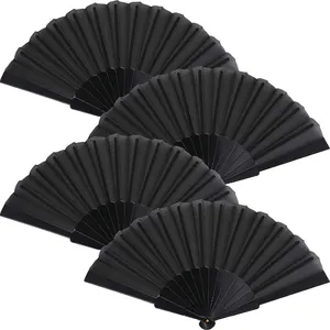 Set di 4 eleganti ventagli pieghevoli neri con stecche in plastica e tessuto a tinta unita