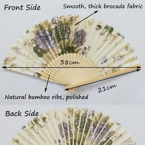 Classic Chinese floral brocade folding fan with polished natural bamboo ribs, 21cm long.