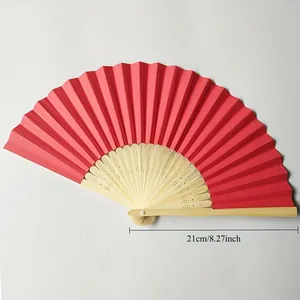 Elegant red folding paper fan with natural bamboo frame for wedding favors, 21cm size