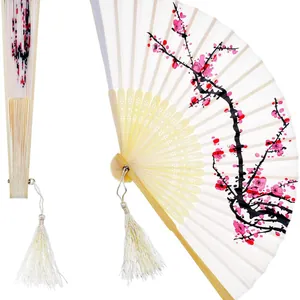 Elegant traditional silk folding fan with red plum blossom ink painting and white tassel.