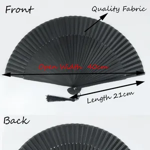 Black bamboo folding fan with fabric surface and tassel, 40cm open width.