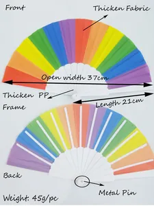 Detailed view of the rainbow folding fan with dimensions and high-quality material specs