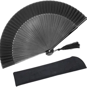 Éventail Pliant Traditionnel Chinois en Bambou Noir Solide Surface en Soie Éventail Kung Fu Grand Éventail Artisanal Décoratif Avec Gland Éventail de Danse