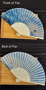 Detail views of front and back sides of an impressionist painting bamboo folding fan