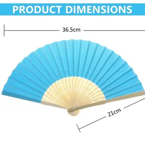 Traditional sky blue silk folding fan with bamboo ribs, dimensions 36.5cm by 21cm