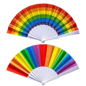 Rainbow folding fans with plastic frames in horizontal and vertical stripe patterns