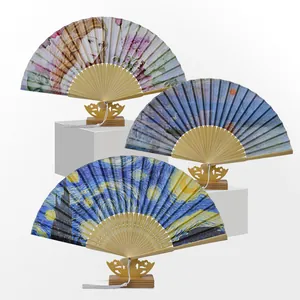 Famous Oil Painting Bamboo Handheld Folding Fan Satin Fabric Vintage Art Hand Fan Starry Night Impression Sunrise for Women
