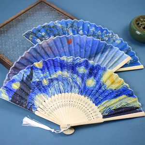 Elegant 21cm bamboo folding fan featuring famous European oil painting silk designs