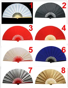 Selection of 33cm bamboo bone Kung Fu cloth fans in eight vibrant colors for martial arts