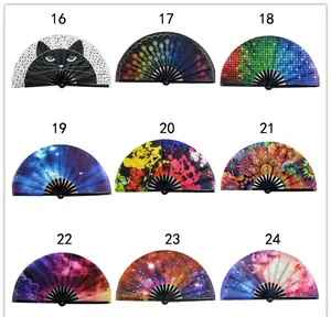 Collection of 33cm large bamboo folding fans with various colorful printed patterns.