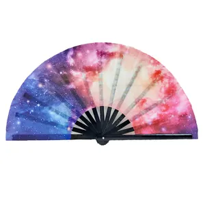 Detailed view of 33cm bamboo folding fan with vibrant purple galaxy nebula pattern