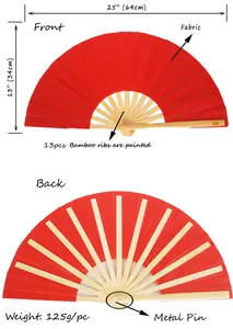 Red bamboo Kung Fu folding fan details with fabric, 13 ribs, weight and size specs.