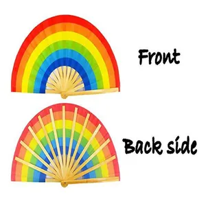 Colorful rainbow bamboo folding fan 33cm showing detailed front and back side views