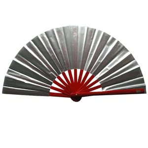 Close-up detail of a 33cm silver Kung Fu folding fan with vibrant red bamboo ribs