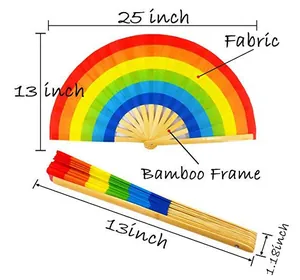 Large rainbow folding fan with bamboo frame showing 25 inch open width and 13 inch length