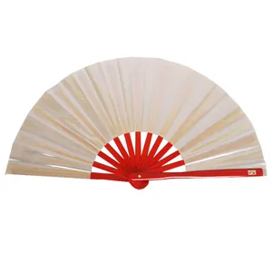 Large 33cm red bamboo kung fu folding fan with blank white fabric surface for martial arts