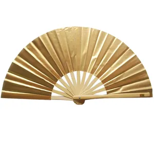 Detail view of 33cm gold folding fan with natural bamboo ribs for martial arts.