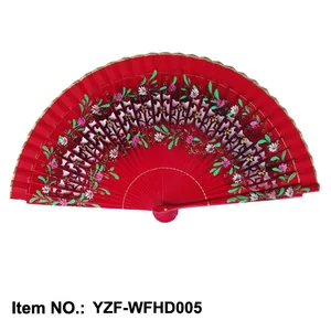 Éventail espagnol élégant en bois rouge avec des motifs floraux peints à la main