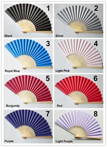 Grid display of eight folding paper fans in black silver blue pink red and purple