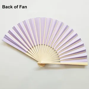 Detailed back view of a 23cm lavender paper folding fan showing light bamboo ribs structure