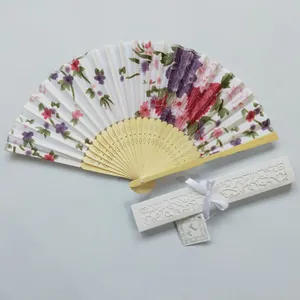 Floral Japanese folding fan with cherry blossom print and elegant white hollow gift box