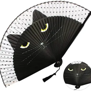 Ventaglio Pieghevole in Bambù Stile Giapponese Con Motivo a Gatto Cartone Animato Pois Lino Manico Laccato Nappina da Donna