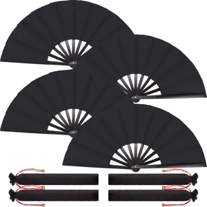 4er Set schwarze Kung Fu Faltfächer mit passenden Kordelzugbeuteln, 33 cm Länge