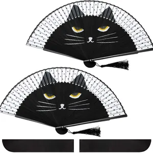 Set di ventagli pieghevoli giapponesi con gatto nero e nappe di seta