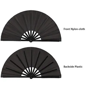 Handheld 33cm black Kung Fu folding fan featuring nylon cloth and plastic ribs