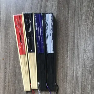 Traditional Chinese style folded fans with bamboo ribs and satin cloth, four color options.