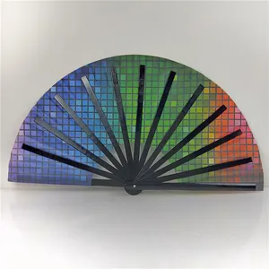 Detail of a bamboo folding fan with a vibrant rainbow pixel grid pattern