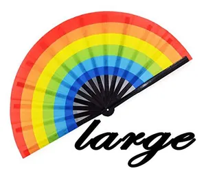 Vibrant rainbow folding fan with black bamboo ribs for Pride or Kung Fu events.