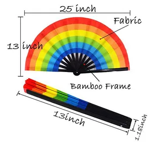 Detail of large rainbow folding fan with bamboo frame showing open and closed dimensions
