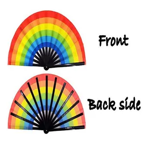 Detailed front and back view of 33cm rainbow pride folding fan with bamboo ribs