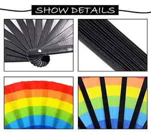 Detailed close-up showing the bamboo ribs and rainbow fabric of a pride folding fan