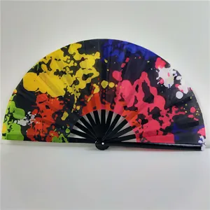 Vibrant multi-color paint splash Kung Fu folding fan with 33cm black bamboo ribs.
