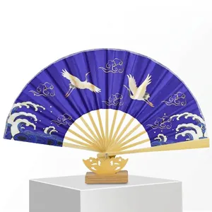 Traditional Chinese Style Folding Fan Bamboo Ribs Satin Fabric Handheld Fan Vintage Crane Landscape Pattern Decorative Gift