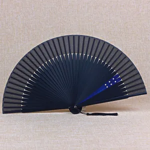 Elegant 21cm Chinese style folding fan with black bamboo ribs and a long decorative tassel