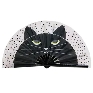 Close-up of a 33cm folding fan featuring a cute black cat face design with polka dots