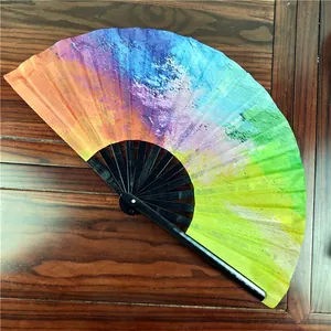 A 33cm bamboo folding fan featuring a vibrant rainbow oil painting style fabric surface