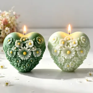 Herzform Gänseblümchen Relief Duftkerze Silikonform 3D Blumen Gips Ornament DIY Handwerk Backwerkzeug Home Decor