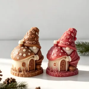 Detail of festive mushroom house gnome candles created with DIY silicone molds for Xmas