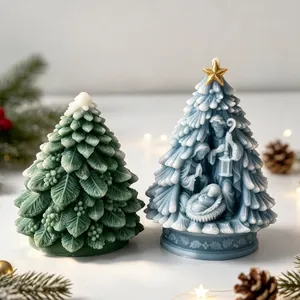 Detailed view of 3D Christmas tree candles featuring a Nativity scene and pine needles.