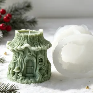 Detailed close-up of treehouse silicone mold beside a finished green wax candle on snow