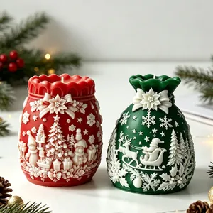 Detail showing Christmas blessing bag candles with intricate reindeer and tree reliefs