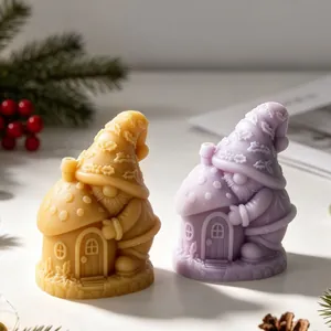Detailed view of mushroom house gnome silicone molds for DIY aromatherapy candles.